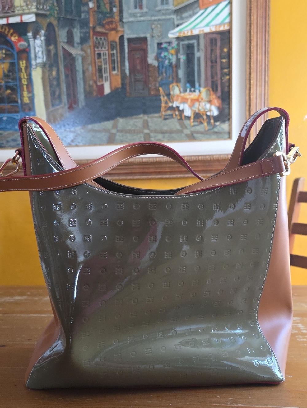 Acacia Olive Green Tote Bag with Brown Trim (New)